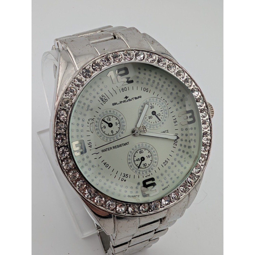 Blingstar Watch Men 50mm Case Rhinestone Bezel Silver 8.5" Band- New Battery